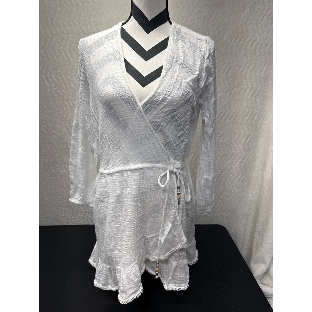 Blue Island Womens White Textured Wrap Dress Long Sleeve Ruffle Hem Beaded Tie L